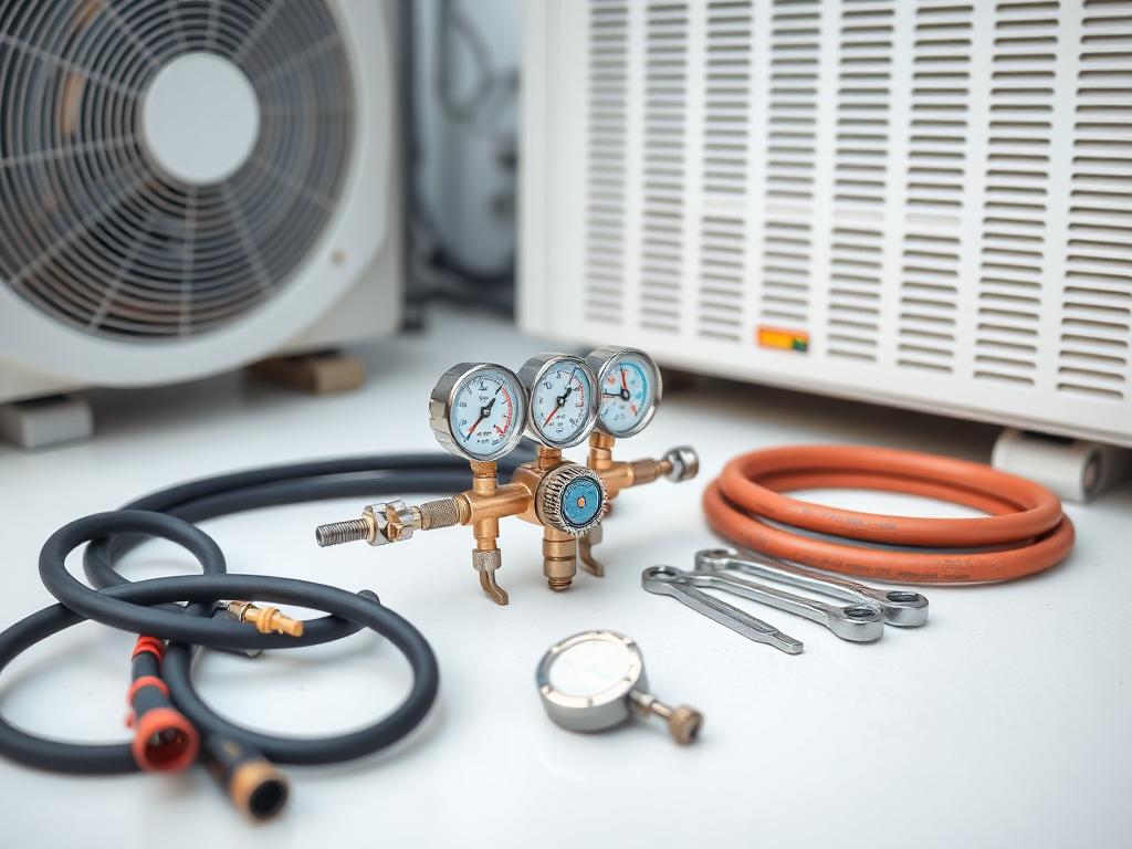 Ferramentas de refrigeração ao lado de equipamento de ar-condicionado